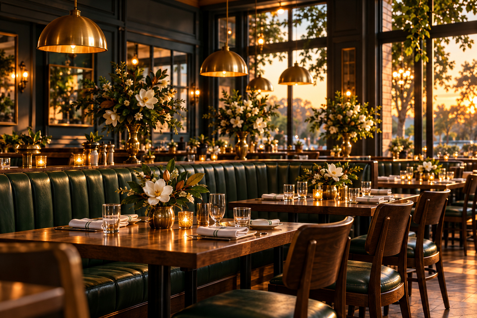 The dining room at golden hour: green leather banquettes, walnut tables set with candles, brass pendant lights and magnolia arrangements